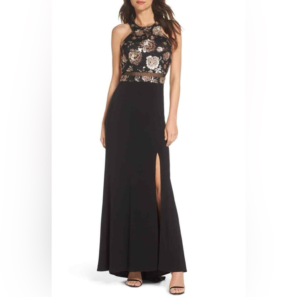 Morgan & Co. Black Floral Sequin Sleeveless Gown Dress